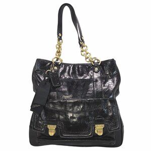 Coach Poppy Camelia Black Leather Handbag With Gold Hardware  No 17924